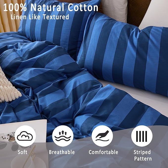 Merryword Blue Striped Duvet Cover Set King Size, 100% Natural Cotton Linen Like Duvet Cover Set with Zipper Closure & 8 Corner Ties, Dark Blue Soft Reversible Bedding for All Seasons