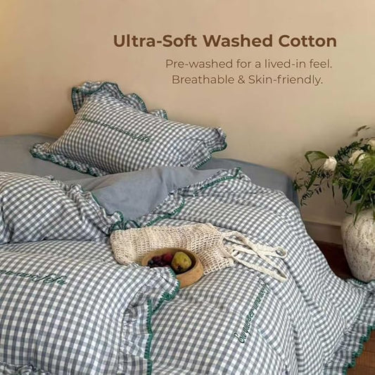 CRUSHIMO Morning Mist Gingham Washed Cotton Duvet Cover Set - Shabby Chic Gingham Plaid Bedding with Ruffle Trim & Triangle Stitching - Ultra Soft Breathable Comforter Cover (Sea Salt Blue, Twin)