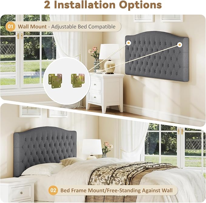 Queen Headboard Only, Upholstered Headboard for Adjustable Bed Linen Tufted Queen/Full Size Wall Mounted Head Board with Solid Wood Legs Head Board, Dark Gray