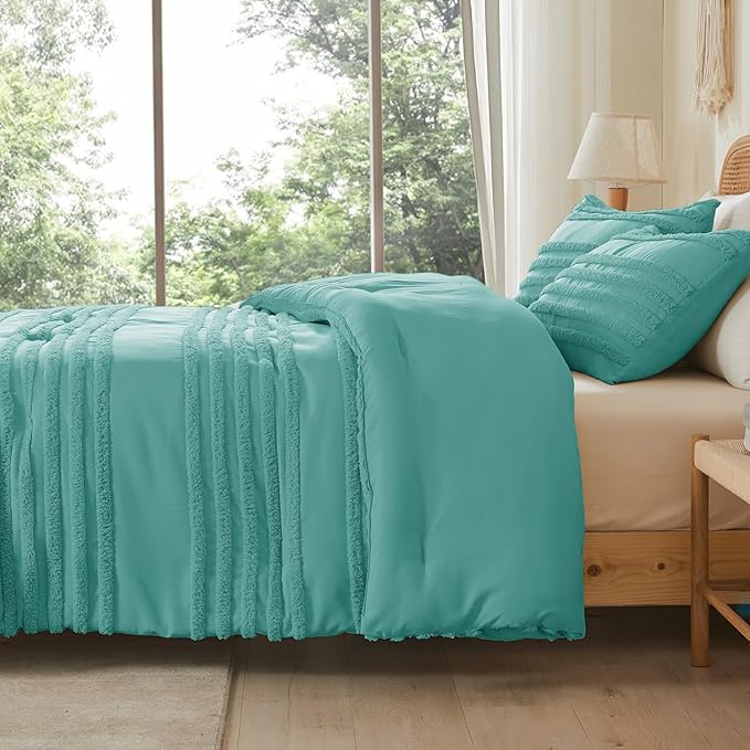 BEDELITE Boho Twin/Twin XL Comforter Set，Aqua Tufted Striped Bed Set 2 Pieces, Soft Vintage Farmhouse Comforter for College, Boho Home Dorm Decor, Fluffy Jacquard Bedding with 1 Pillow Sham