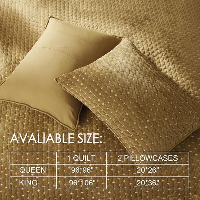 Powdion Velvet Quilt Queen, Oversized Bedspread Quilted Bedding Set, Luxurious Soft Coverlet Set Lightweight Velvet Comforter with 2 Pillow Shams,Brwon, 90x96 Cross Stitch Striped Quilt Queen