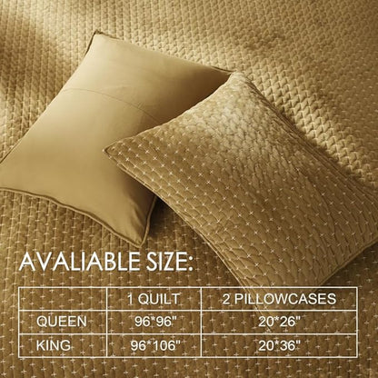 Powdion Velvet Quilt King Size,Bedspread Quilted Bedding Set,Luxurious Soft Coverlet Set Lightweight Velvet Comforter with Pillow Shams Brown, 96x106 Cross Stitch Striped Quilt Set