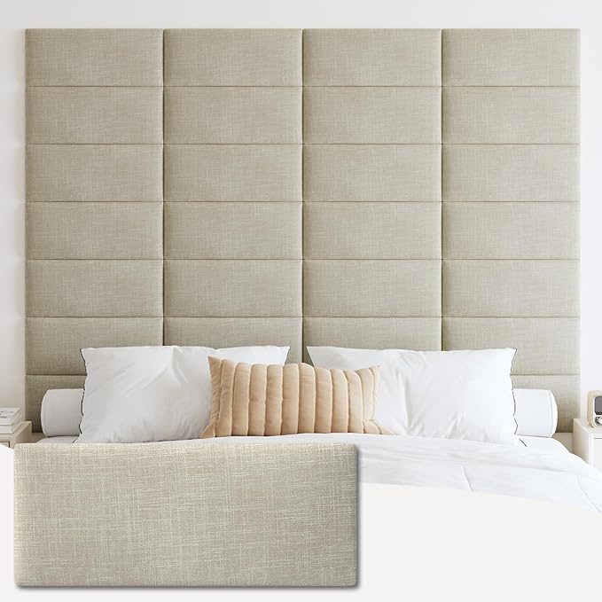IFNOW Wall Mounted Headboard, Peel and Stick Panels, Beige, Queen | 3D Soundproof Acoustic Padding, Reusable and Removable Tufted fabric Bed Headboard for bedroom (9 Panels, 10" x 24")
