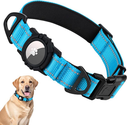 Taglory AirTag Dog Collar with Waterproof Holder for Large Dogs, SkyBlue L | Reflective for Night Walks & Low-Light Safety, Track Your Pup Peace of Mind, Adjustable Soft Padded, No More Dangling Tags