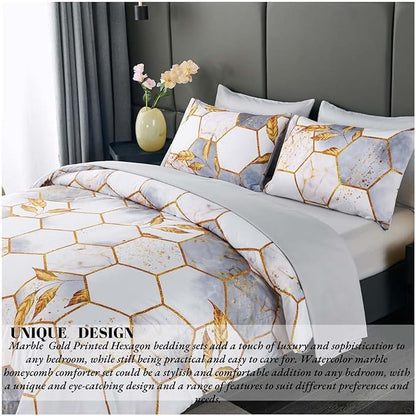 ANGIYUIN 7 Pcs White Marble Bedding Comforter Set California King, Hexagon Honeycomb with Gold Trims Comforter Set, Soft Lightweight Watercolor Bed in A Bag for Women Men