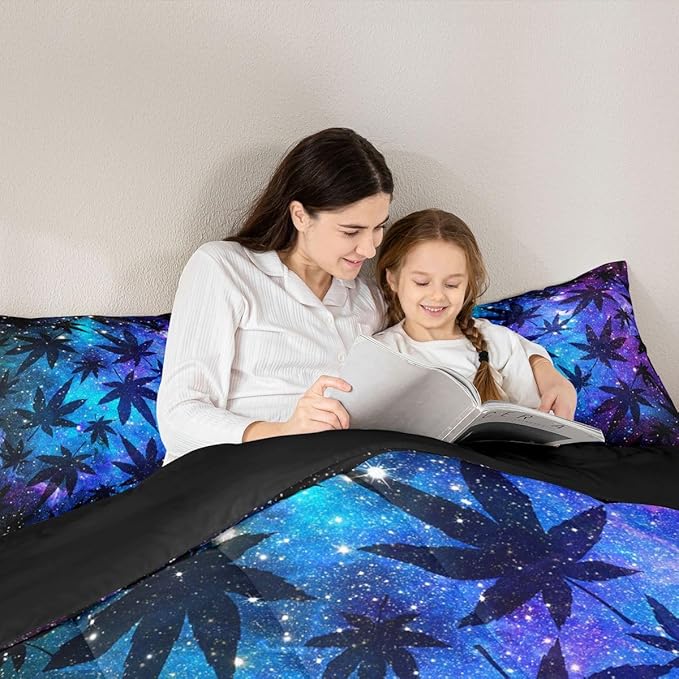 Erosebridal Leaves Comforter Set Teens Galaxy Bedding Set Twin for Women Men Youth Soft Chic Purple Blue Duvet Set Room Decor Quilt Set