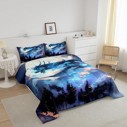 Dragon Comforter Set King Size,Blue Western Magical Animals Bedding Set,Kids Boys Girls Room Decor Moon Starry Sky Volcano Lightning Quilt Set Trippy Style Wildlife Theme Duvet Insert,2 Pillowcases