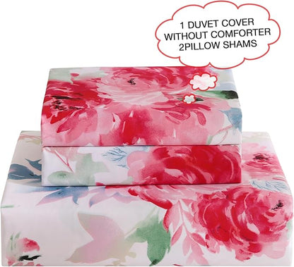JSD Rose Floral Duvet Cover Set King Size, 3 Piece Soft Printed Microfiber Comforter Covers Zipper Closure