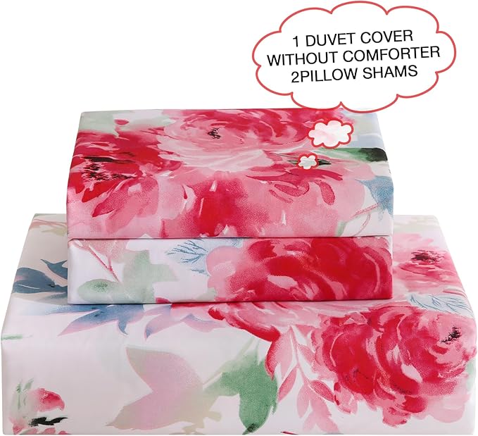 JSD Rose Floral Duvet Cover Set Queen Size, 3 Piece Soft Printed Microfiber Comforter Covers Zipper Closure