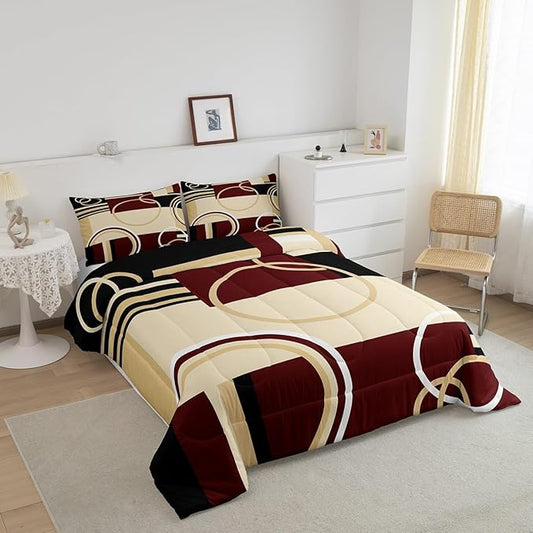 Erosebridal Modern Geometric Comforter Set Red Brown Black Stripes Down Comforter King Size Retro Circle Swirls Bedding Set Bedroom Decor Abstract Texture Color Art Comforter for Kids Adult