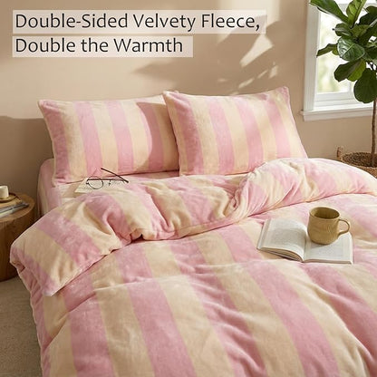 Bedbay Pink Striped Comforter Set King Size Luxury Velvet Comforter Set Cozy Reversible Fleece Soft & Warm Fluffy Flannel Bedding Blush Yellow Stripes Pattern King Bed Set 3 Pcs with Pillowcases
