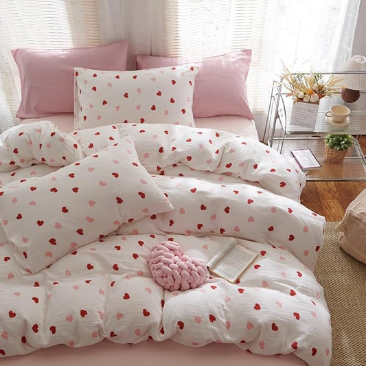 Girls Comforter Set Full Size - 3 Pieces Red Pink Heart Comforter Bedding Sets for Kids,Full Bed in a Bag with Heart Comforter and 2 Pillowcases