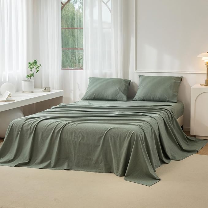 JIYUAN Twin Size Sheet Set, 3-Piece - 100% Washed Cotton, Linen-Like Soft & Breathable, Includes Deep Pocket Fitted & Flat Sheet with 1 Pillowcases, Hotel Quality, Heathered Green
