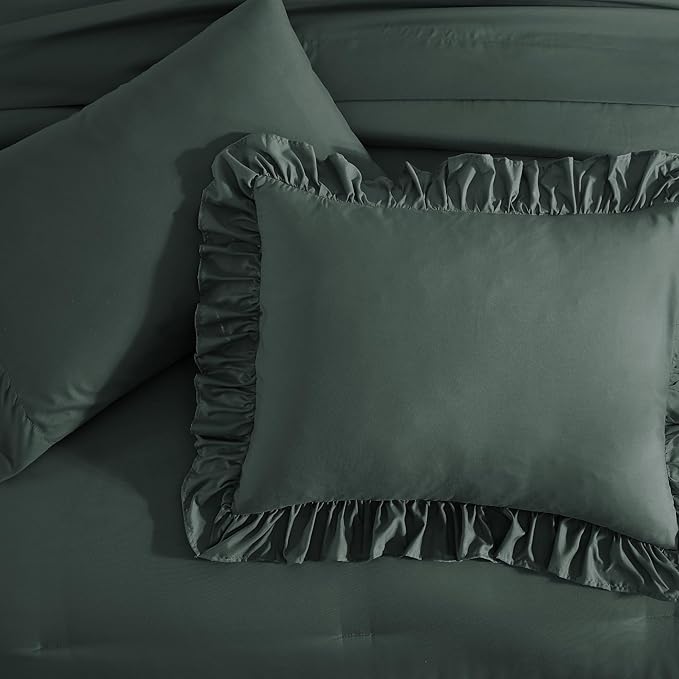King Size Comforter Set Forest Green, Ruffle Shabby Chic Bedding Set Farmhouse 7 Pieces, All Season Fluffy Bed in a Bag with Sheets, Pillowcases & Shams