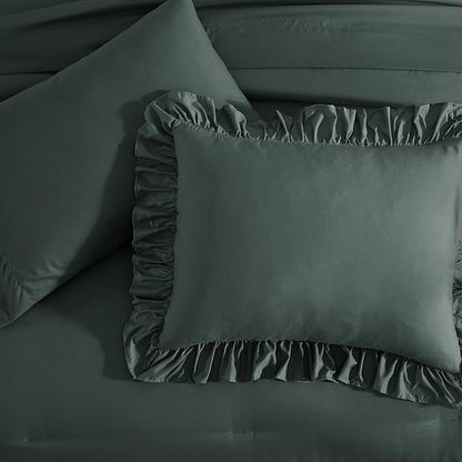 King Size Comforter Set Forest Green, Ruffle Shabby Chic Bedding Set Farmhouse 7 Pieces, All Season Fluffy Bed in a Bag with Sheets, Pillowcases & Shams