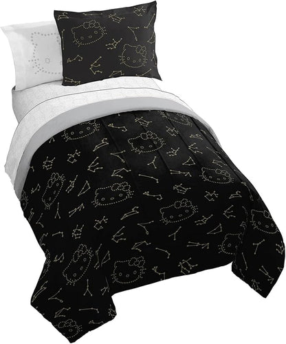 Jay Franco Hello Kitty Stars Full Comforter Set - 7 Piece Bedding Includes Sheet Set & Pillow Covers - Super Soft Zodiac Black & Gold Bedding