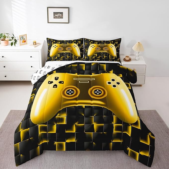 Erosebridal Kids Gamer Bedding Sets for Boys King Gaming Comforter Set Black Gold Geometric Game Console Grids Comforter for Teen Youth Men Video Game Bed Set Soft Lightweight for All Season