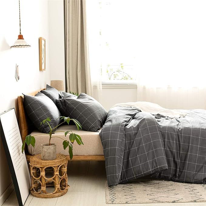 JELLYMONI 100% Natural Cotton 2pcs Plaid Duvet Cover Sets,Black with White Grid Geometric Pattern Printed Comforter Cover,with Zipper Closure & Corner Ties(Twin Size)