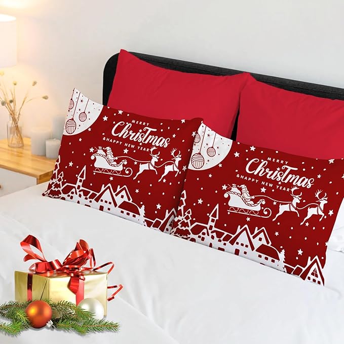 YIYEA Christmas Pillow Cases Standard Size Set of 4, Ultra Soft Double Brushed Microfiber Red Pillowcases and Christmas Pillow Covers, Envelope Closure, Fade Resistant (20"x26")