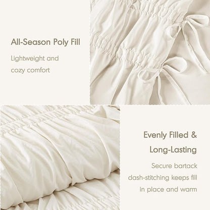 Intelligent Design Ruched Shabby Chic Comforters for King Size Bed, All Season Lightweight Comforter King, French Country Bedding Set, Sham, Ella, King/Cal King, Ivory, 3 Piece