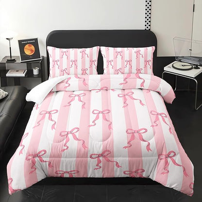 Pink Bowknot Girls Comforter Set King Size,Kawaii Cartoon Geometric Bedding for Kids,Girls Bedroom Room Decor,3Pcs Bow Pink Striped Princess Romantic Comforter Set 1 Quilt 2 Pillowshams