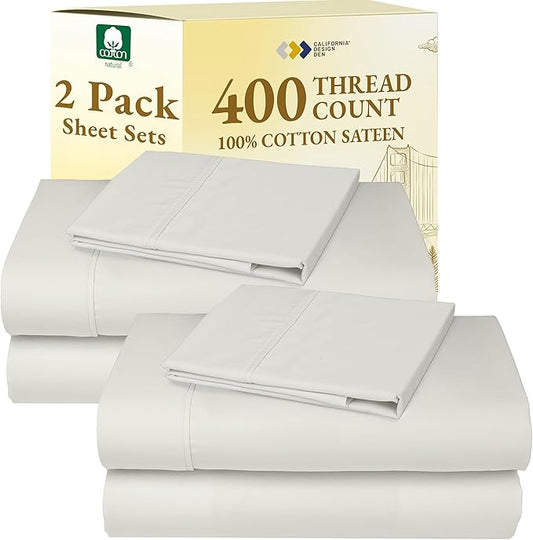 California Design Den 2-Pack Cotton Twin Sheet Sets - 400 Thread Count 100% Cotton Sateen - Soft and Breathable Sheets, 2 Sets of Deep Pocket Bed Sheets - Ivory (Pale Tone)