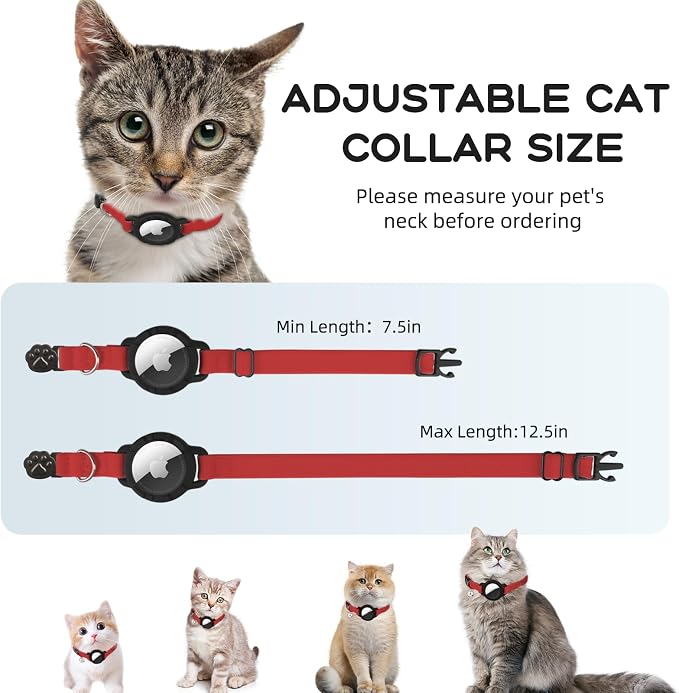 AirTag Cat Collars, Stretchy Collar with AirTag Holder and Bell | Breakaway - Ultra Design Elastic - GPS Tracking Collars - Adjustable Size for Cats & Puppies 7.5-12.5" - (Red)