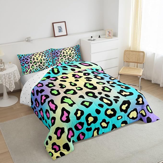 Feelyou Leapord Comforter Set Full Size Leopard Print Comforter for Boys Girls Teens Cheetah Print Bedding Set Morden Duvet Set Room Decor Pale Blue Quilt Set