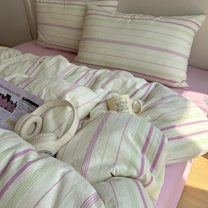EAVD Vintage Style Striped Duvet Cover Full Size Soft 100% Cotton Green Purple Vertical Stripes Pattern Bedding Set with 2 Pillowcases Reversible Farmhouse Geometric Pattern Duvet Cover with Zipper