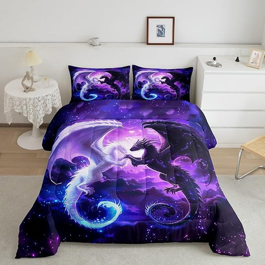 Black White Dragon Comforter Set Queen Size,Nebula Star Glitter Bedding Set for Kids Teens Couple Adults Room Decor,Western Magical Wildlife Duvet Insert 3Pcs,Animal Purple Quilt Set,2 Pillowcases