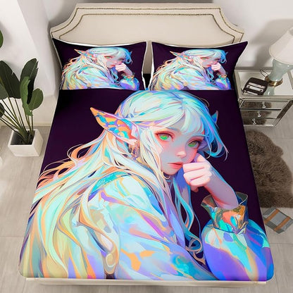 Anime Girl Bed Sheets 3D Japanese Bedding Set Kawaii Girly Fitted Sheet with Deep Pocket, Anime Lovers Gifts Fitted Bed Sheets Soft Lightweight Sheets for All Season, Twin 2Pcs