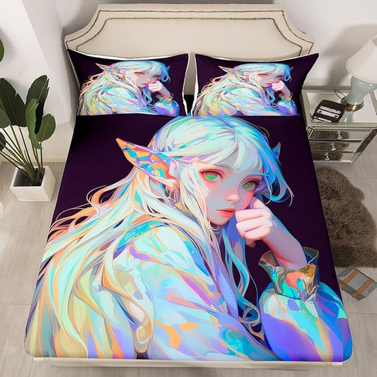 Anime Girl Bed Sheets 3D Japanese Bedding Set Kawaii Girly Fitted Sheet with Deep Pocket, Anime Lovers Gifts Fitted Bed Sheets Soft Lightweight Sheets for All Season, Queen 3Pcs