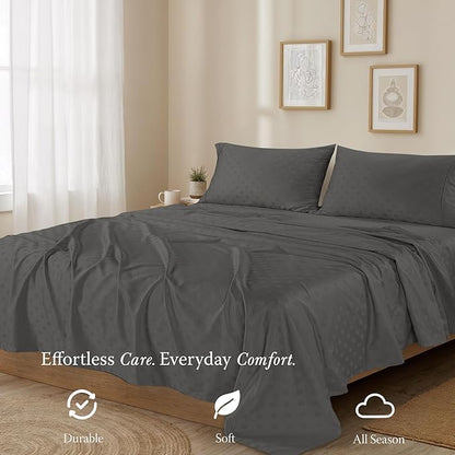 Threadmill Cotton Twin XL Sheet Set | 100% Cotton Sheets for Twin XL Size Bed | Damask Jacquard Sateen Twin XL Bed Sheets Set with 16” Deep Pocket | Soft Breathable 3-Piece Cooling Sheets | Dark Grey