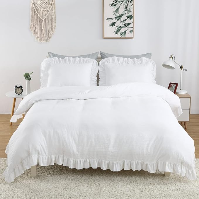 White Ruffled Duvet Cover Twin, 2PCS Soft Washed Microfiber Vintage French Country Duvet Cover Set for Kids Girls, White, 68x90 in