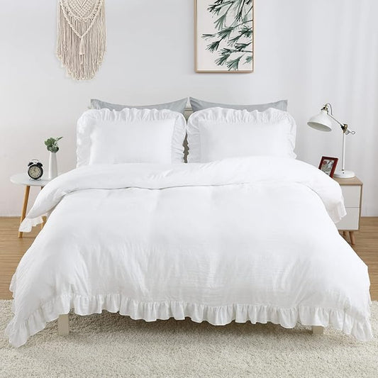 Ruffle Duvet Cover King Size, 3PCS Soft Washed Microfiber Vintage French Country Duvet Cover Set with Button Closure, White, 104x90 in