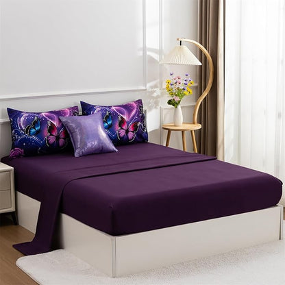 A Nice Night Galaxy 6pcs Bed in A Bag Purple and Blue Dreamy 3D Butterfly Printed, Butterflies Bedding Queen Comforter Set, for Girls Kids Teens