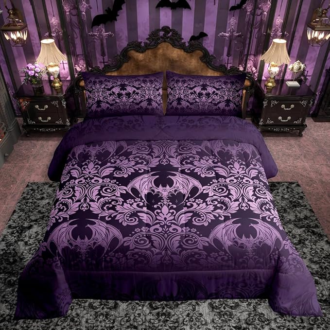 Feelyou Gothic Damask Print Comforter Set Full Size Purple Goth Bat Victorian Floral Bedding Set for KidsBoho Bohemian Exotic Duvet Quilt Bedroom Decor Microfiber 3 Pcs with 2 Pillow Cases