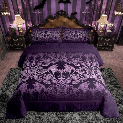 Feelyou Gothic Damask Print Comforter Set Queen Size Purple Goth Bat Victorian Floral Bedding Set for KidsBoho Bohemian Exotic Duvet Quilt Bedroom Decor Microfiber 3 Pcs with 2 Pillow Cases