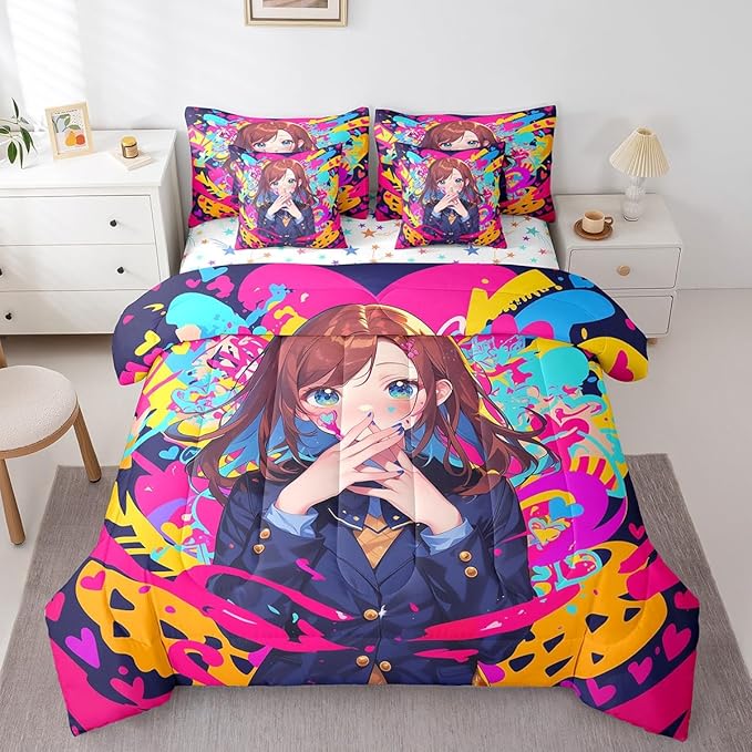 Erosebridal Anime Girl King Bedding Set 7 Piece, Japanese Anime Comforter Set for Kids Girls Teens Adult Bedroom, Cartoon Girl Comforter Sets with Sheet Kawaii Japanese Animation Bed in A Bag