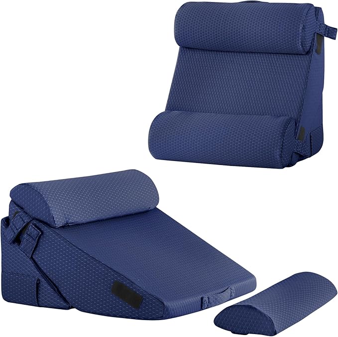 Adjustable 4pcs Bed Wedge Pillow Set, Memory Foam Wedges Pillow Post Surgery for Back, Neck, Leg Pain Relief, Pillows Wedge for Sleeping, Sitting up in Bed, Acid Reflux and GERD, Navy Blue