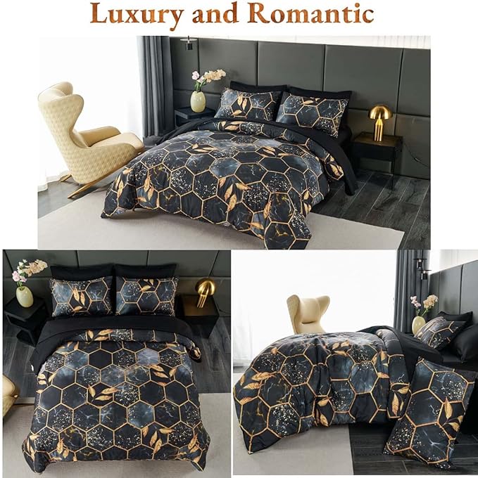 ANGIYUIN Black King Size Comforter Set Geometric Comforter 7Pcs Foil Print Bed in A Bag Marble Bedding Comforter Sets 3D Honeycomb Hexagon Decor Gold Trim Bed Set for Women Men (Black King)