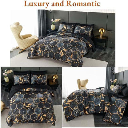 ANGIYUIN 7Pcs Black and Gold Comforter Set Full Size, 3D Hexagon Geometric Bedding Comforter Set, Marble Bed in A Bag Watercolor Foil Print Bed Sets with Comforter and Sheets (Black Full)