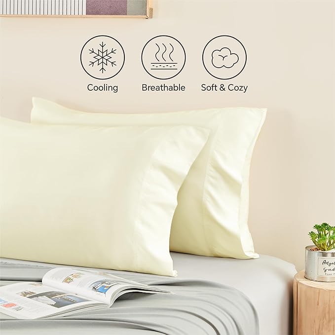 BEDELITE Standard Pillow Cases Set of 2, Rayon Derived from Bamboo, Cooling Pillow Cases for Hot Sleepers & Night Sweats, Breathable Silky Soft Envelope Pillowcases(Cream, 20"x26")