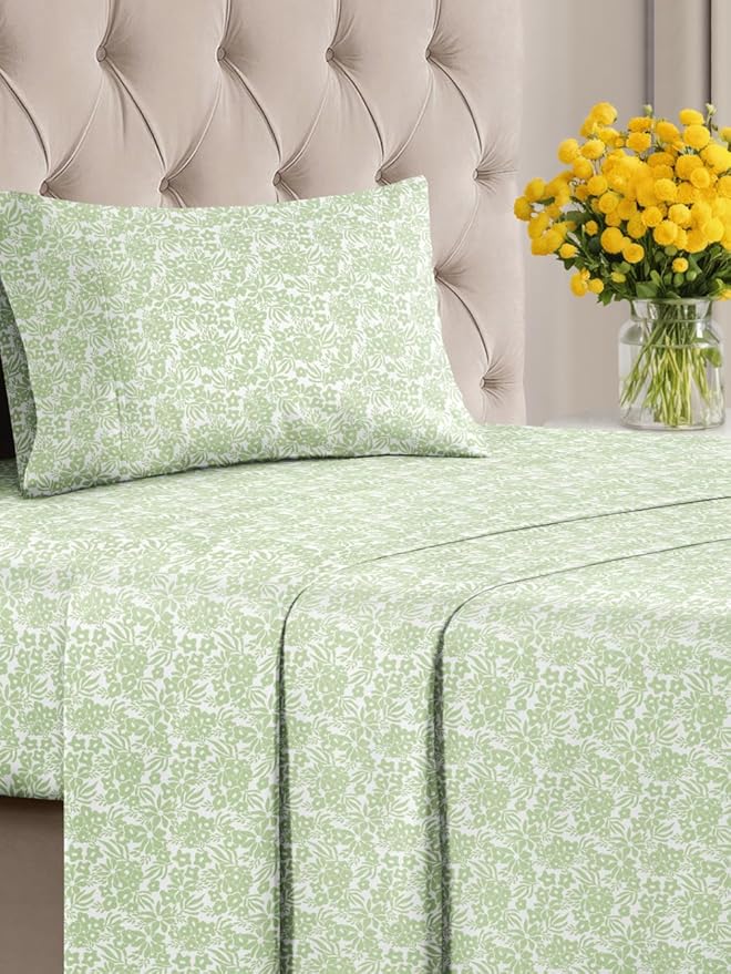Floral Sheets - Green Flower Bed Sheet Set - 1 Flat, 1 Fitted & 1 Pillowcase w/ Deep Pockets - Comfy, Cozy, Wrinkle & Fade Free - Boho Botanical Bedding - Soft, Breathable & Cooling - Twin XL Size Set