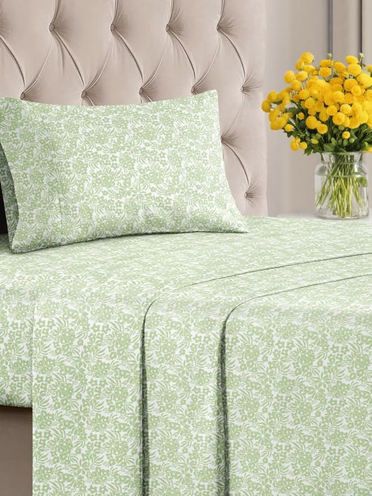 Floral Sheets - Green Flower Bed Sheet Set - 1 Flat, 1 Fitted & 1 Pillowcase w/ Deep Pockets - Comfy, Cozy, Wrinkle & Fade Free - Boho Botanical Bedding - Soft, Breathable & Cooling - Twin XL Size Set