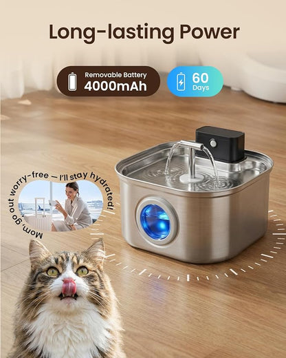 Cordless Cat Water Fountain Stainless Steel,3.2L/108oz Rechargeable | Wireless Battery Operation, Motion Sensor, Automatic Water Flow, Quiet Pump, Includes 4 Replacement Filters