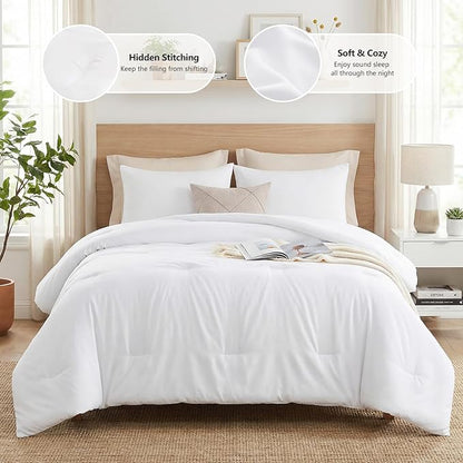 CozyLux Full Size Comforter Set White, 3 Pieces Solid Breathable Quilted Bedding Sets, Luxury Lightweight Soft Bed Set with Down Alternative Comforter and 2 Pillowcases for All Seasons