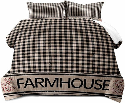 LUVIVIHOME 3PCS Brown Black Gingham Comforter Set, Full Bed Set, Grid Checkered Quilt, Farmhouse Bedding, Red Berry Check Primitive Country Rustic Vintage Buffalo Plaid Comforter, 2 Pillow Shams