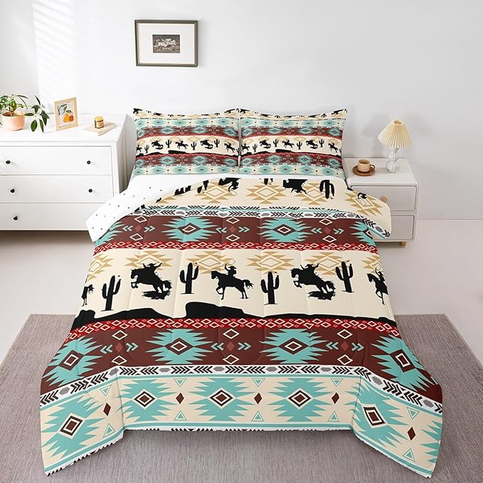 Feelyou Boho Comforter Set Queen Size Horses Comforter Southwestern Native Aztec Bedding Set Farmhouse Wildlife Duvet Set Room Decor Beige Blue Quilt Set