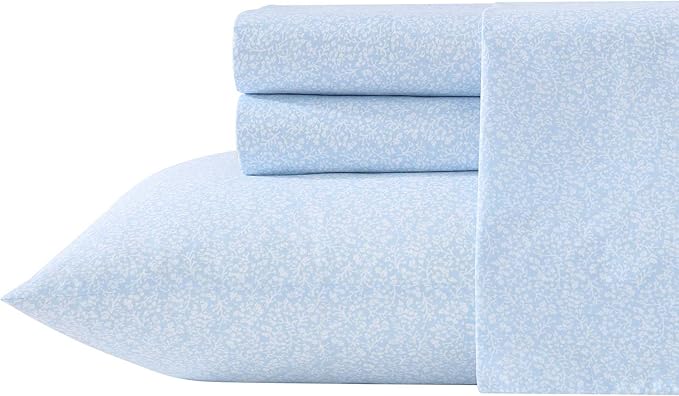 Laura Ashley - Queen Sheet Set, Crisp & Cool Cotton Percale Bedding with Deep Pockets, Lightweight for Year Round Comfort, Bed Sheets with Matching Pillowcases (Maeve Blue)